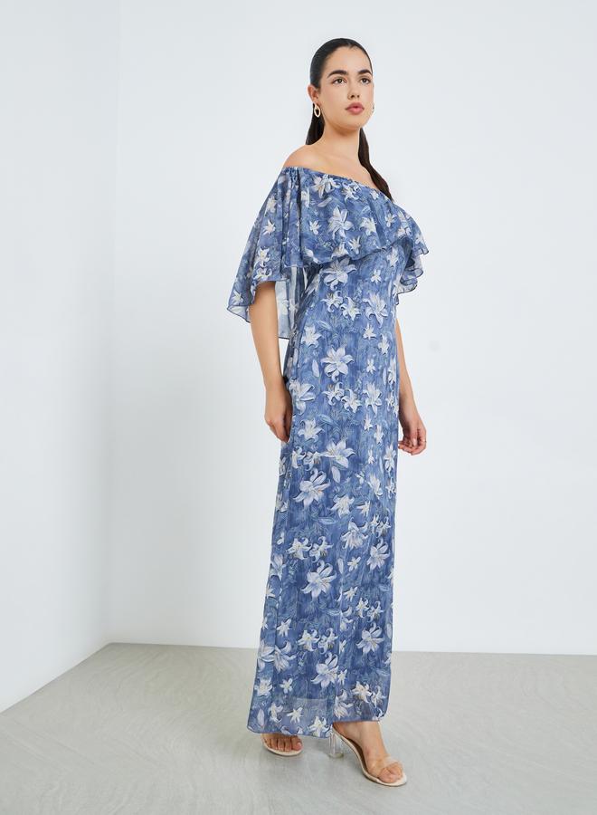 Styli Women Blue Floral Cape Sleeve Sheath Maxi Dress - Image 2